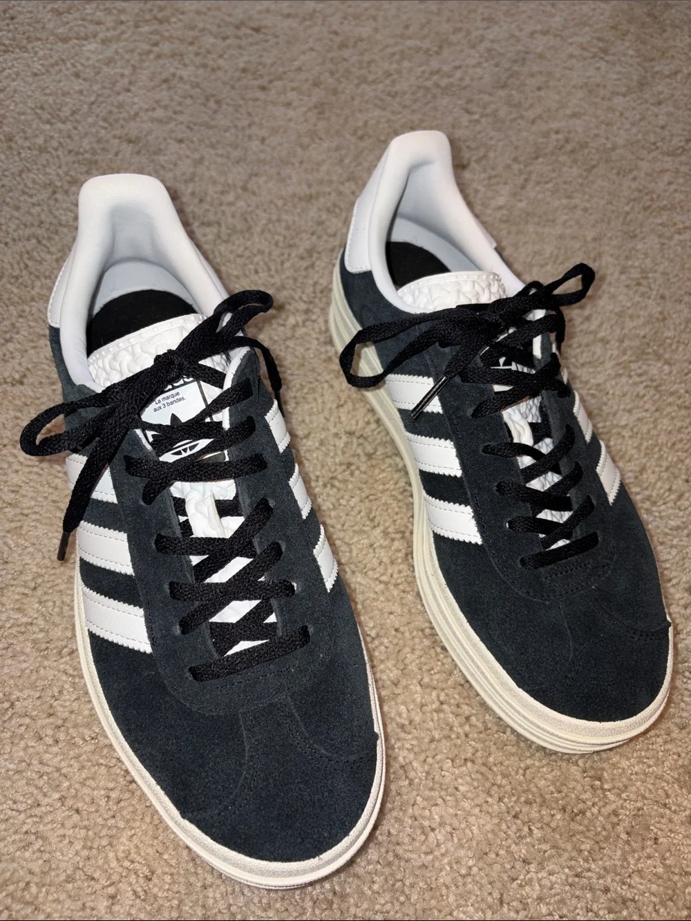 adidas Black Suede Sneakers with White Stripes and Cream Sole